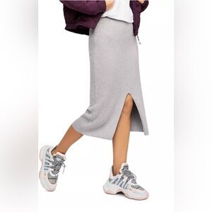 Free People Cotton Blend Skyline Ribbed Midi‎ Skirt Gray Medium